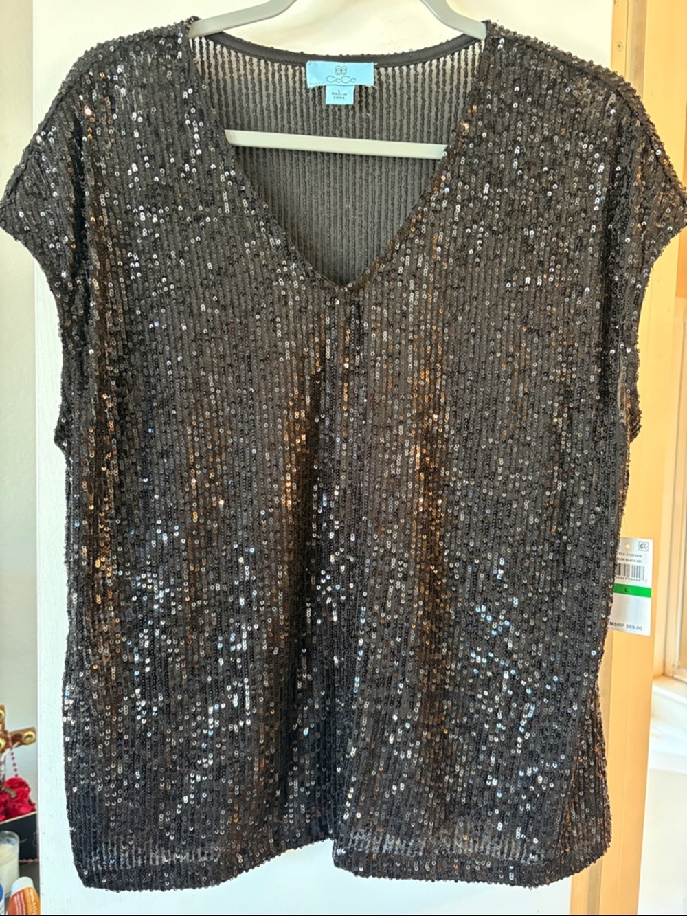 CeCe Black Ribbed Knit Top with V-Neck